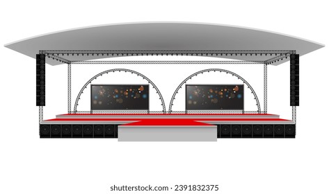 red stage and speaker with led screen on the truss system on the white background