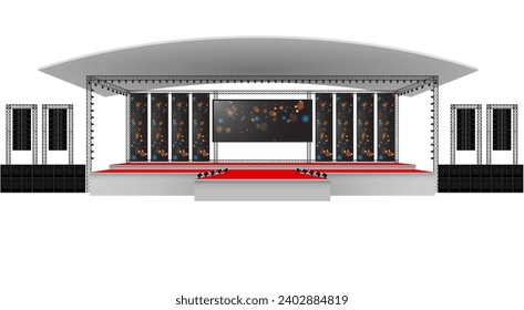 red stage and speaker with led screen on the truss system on the white background	