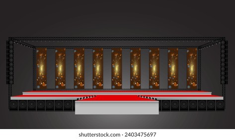 red stage and speaker with led screen on the truss system on the white background	