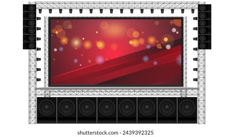 red stage and speaker with led screen on the truss system on the white background	