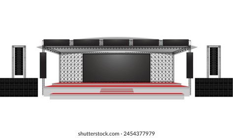 escenario rojo y altavoz con pantalla led en el sistema de armadura sobre el fondo blanco	
