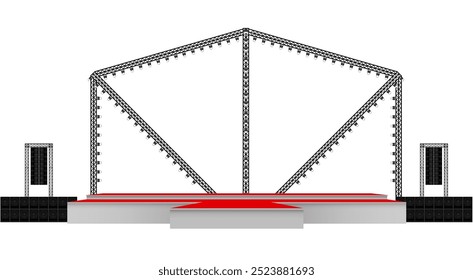 red stage and speaker with spotlights on the truss system on the white background	