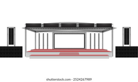 palco vermelho com alto-falante com holofotes e tela branca no sistema de treliça no fundo branco	