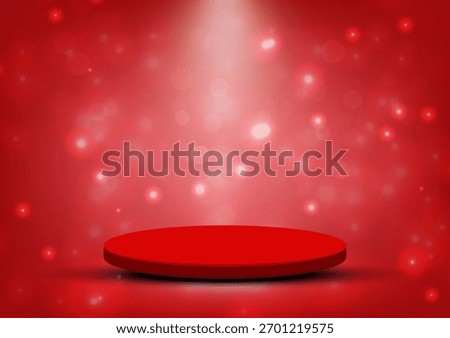 Red stage with spotlight and bokeh light effect. Design for product presentation, award ceremony, or festive background design.