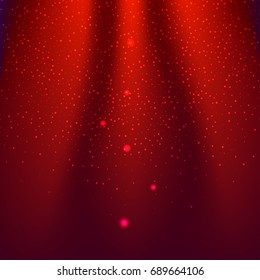 Red stage with spotlight. Empty illuminated scene. Red velvet shiny curtain. Concert, party, theater, dance & show design