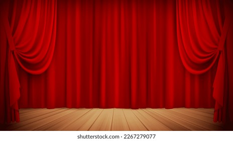 Cortina de terciopelo rojo y podio de madera. Escenario teatral o ópera de estilo vintage. Gran estreno de estreno tras bastidores. Portiere para la ceremonia de entrega de premios. Ilustración del vector