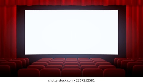 Escenario rojo con cortinas de terciopelo en el cine teatro con pantalla blanca como telón de fondo. Escena y sillas de estilo vintage. Gran estreno de inauguración. Ceremonia de entrega de premios. Ilustración del vector