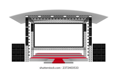 red stage and white screen with spotlight on the truss system on the white background	