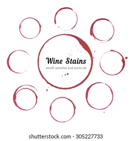 Red Stains For Wine Card, Stamp, Logo, List, Menu. Set Of Isolated Wine Stain Circles. Wine Stain Logo Design. Wine Bottom Glass Ring Stains For Logo Design. Watercolor Glass Circle Marks.