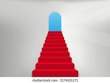 Una escalera roja con una puerta abierta en la parte superior. Ilustración vectorial.