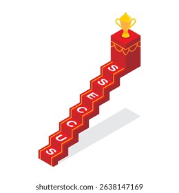 A red staircase with yellow stripes on both edge leading upwards with the word SUCCESS spelled out on the steps and a trophy at the top. Move up to reach the victory illustration.