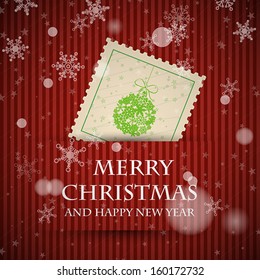 red stamp christmas card with falling snowflakes. christmas concept