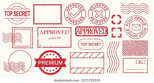 Red stamp collection with 'Approved,' 'Top Secret,' 'Rejected,' and 'Premium' designs. Includes post office and wavy line elements. Stamps and designs repeated. Red stamps, vector set.