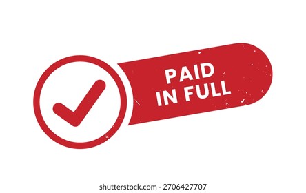 Carimbo vermelho com um ícone de tique circular conectado a um retângulo arredondado com a frase Pago completamente definida em maiúsculas sobre um plano de fundo branco sólido.