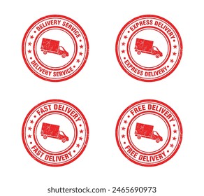 Red stamp grunge set, delivery by truck. Vector illustration