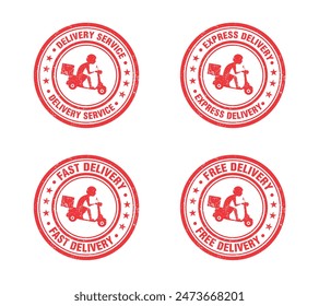 Red stamp grunge set, delivery by scooter. Vector illustration