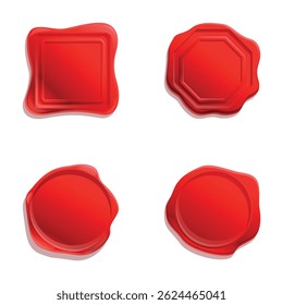 Red stamp icons set cartoon vector. Retro realistic red seal. Waxy emboss for envelope and document