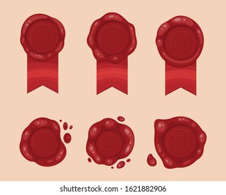 Red stamp ribbons isolated illustration. Vector wax seal with ribbon.