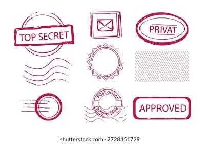 Sello rojo, signo secreto superior, sobre confidencial, carta, sello de goma. Sellos con líneas onduladas, bordes decorativos. marcas de oficina de correos y diseños de sobres, vintage