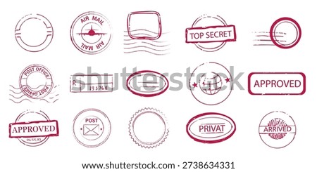 Red stamp set top secret sign, confidential envelope, letter, rubber seal. Stamps with wavy lines, decorative edges. post office marks and envelope designs, vintage