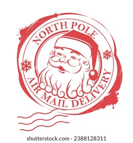 Red stamp with silhouette of merry Santa Claus, Christmas design component.