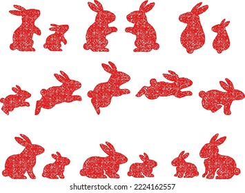 Red stamp style illustration set of silhouettes of rabbit parents and children in various poses