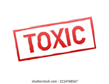 Red stamp toxic llustration on dark backdrop. Logo, label. Isolated vector illustration. Exclamation mark.
