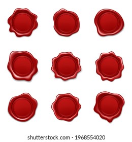 Conjunto de sellado de cera de sello rojo. Ilustración vectorial realista aislada en blanco
fondo 