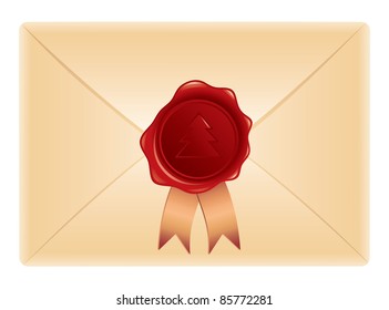 red stamp with xmas tree on beige envelope