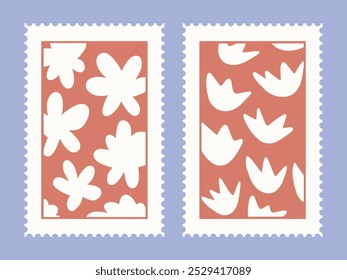 Red stamps with white flowers. Nature, spring, plants. Letter, connection, communication. Vector illustration