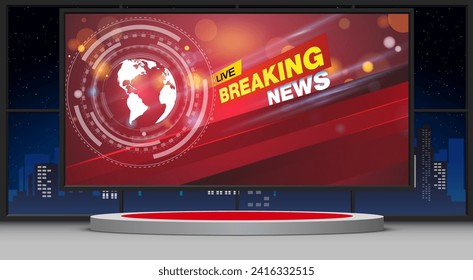 red stand and led screen in the news studio room with city in the night background