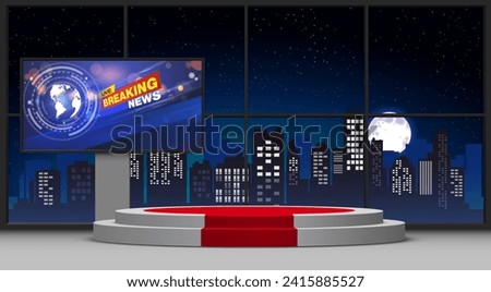 red stand and led screen in the news studio room with city in the night background	