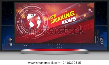 red stand and led screen in the news studio room with city in the night background