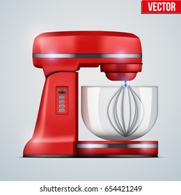 Red Stand Mixer. Food blender. Electronic Kitchen appliance. Realistic Original design. Concept of Health food and drink. Vector Illustration isolated on background.