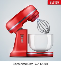 Red Stand Mixer. Opened Food blender. Electronic Kitchen appliance. Realistic Original design. Concept of Health food and drink. Vector Illustration isolated on background.