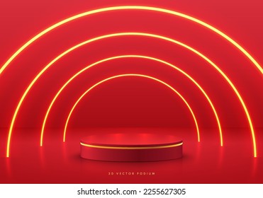 Red stand product podium 3D background with round golden neon lighting lines scene. Futuristic minimal wall scene mockup product stage for showcase, Promotion display. Abstract vector geometric forms.