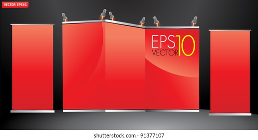 Red stand for your ad and Roll up banner. Vector template background