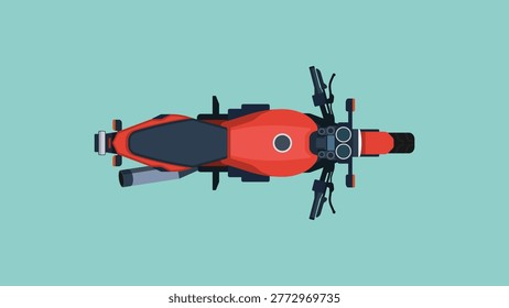Red standard motorcycle in top view with naked bike layout, overhead perspective with tank, seat, and handlebar for navigation, mapping, transport and urban mobility concept, vector flat illustration