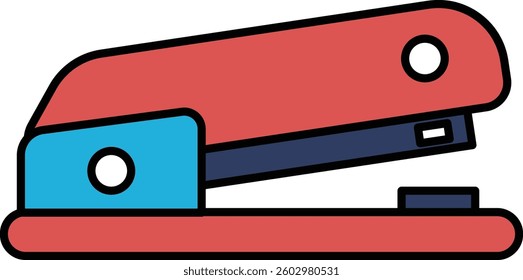 A red stapler with a blue handle. It is a stapler