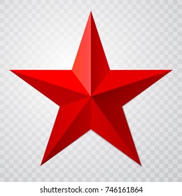 Red star 3d icon with shadow on transparent background. Vector illustration for USSR design.