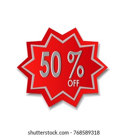 Red star 50% Off label, banner or sign isolated on white background.