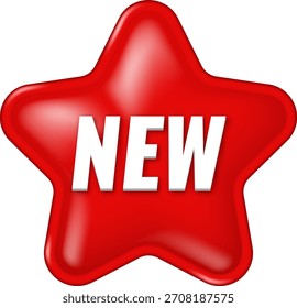 Red star badge  sticker with text New. Glossy rea;istic  illustration for promotion and marketing. Isolated sale tag 