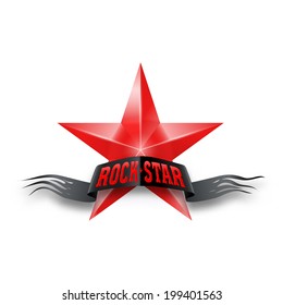 Red Star With Black Torn Rock Star Banner. Illustration On White Background