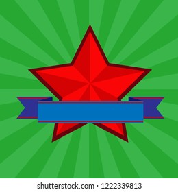 Red star and blue ribbon on the background of diverging green rays