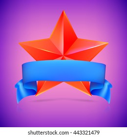 Red star with blue ribbon on colored background. Symbol of victory in competitions or contests, template for your design