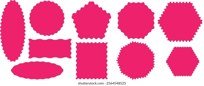  Red Star burst shape tags .Wavy edge Vector illustrations set isolated on white background. circle, Elips sticker. Star burst shape tags for price. Empty promo badge. Simple circle red wax seal.