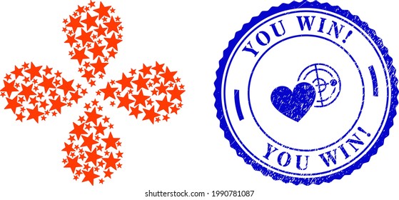 Red star centrifugal flower cluster, and blue round YOU WIN Exclamation rough watermark with icon inside. Object flower with 4 petals created from oriented red star symbols. Vector flower collage in