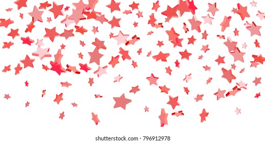 Red star confetti. Falling stars on a white background. Illustration of flying shiny stars. Decorative element. Suitable for your design, cards, invitations, gift, vip.