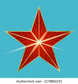 Red star with gold frame and lens flare isolated on blue background