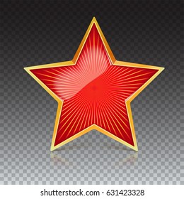 Red star with gold metal rim and radiating from the center rays. Realistic symbol of the USSR with reflexes and reflections. Soviet red star, isolated on trasparent background. Symbol of the holidays